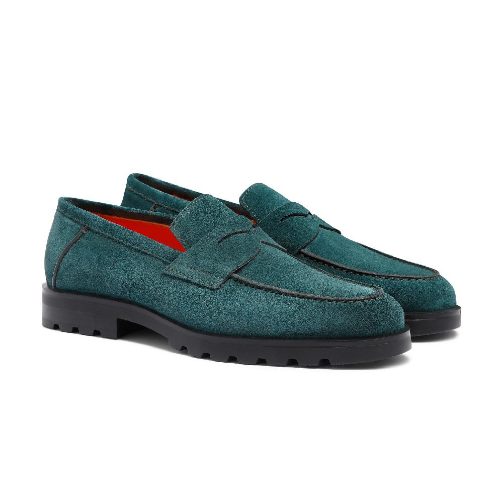 Santoni Mocassino penny da uomo in suede verde scuro Outlet