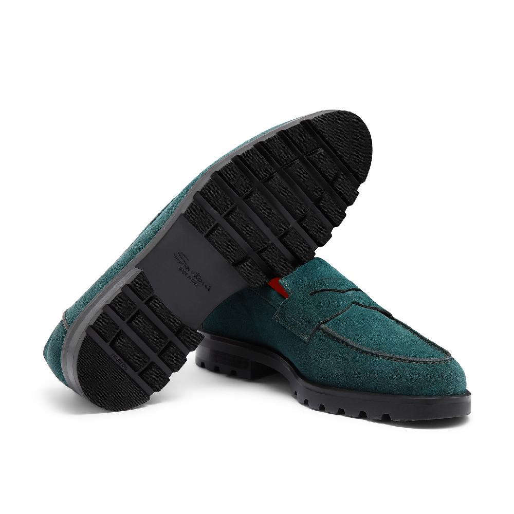 Santoni Mocassino penny da uomo in suede verde scuro Outlet