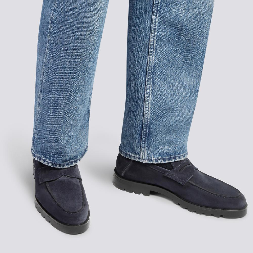 Santoni Mocassino penny da uomo in suede blu In Vendita