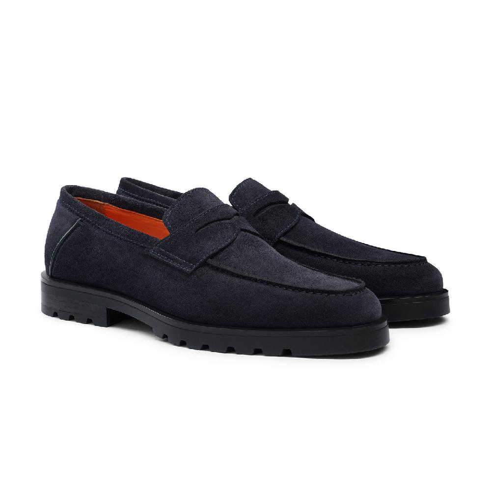 Santoni Mocassino penny da uomo in suede blu In Vendita