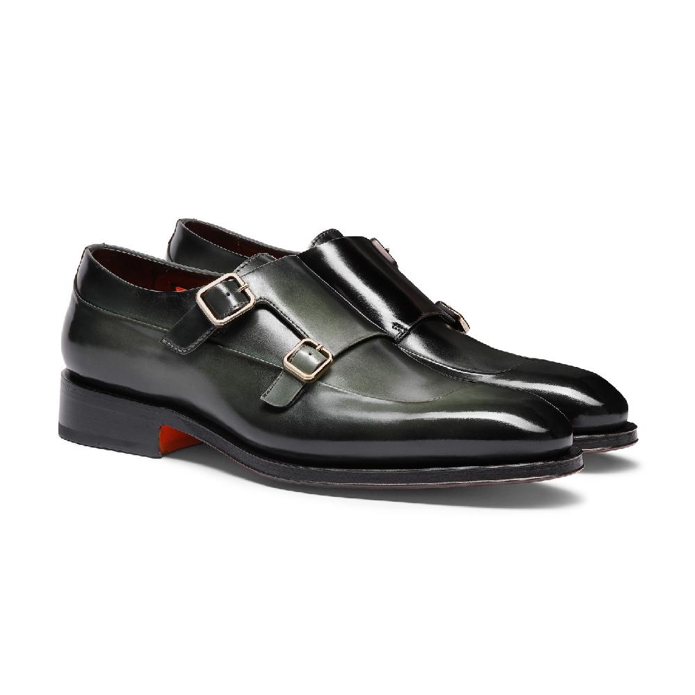 Santoni Doppia fibbia da uomo in pelle verde Vendita Economica