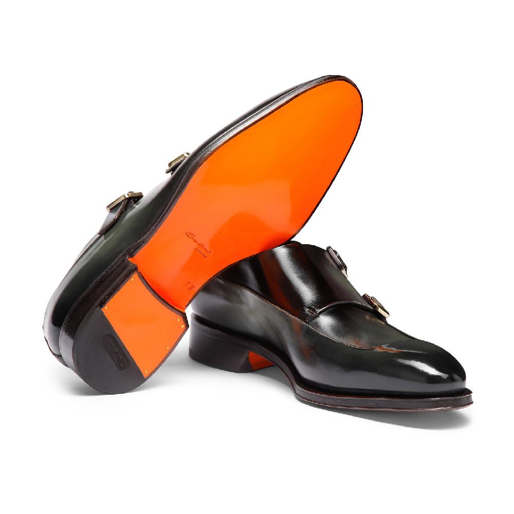 Santoni Doppia fibbia da uomo in pelle verde Vendita Economica