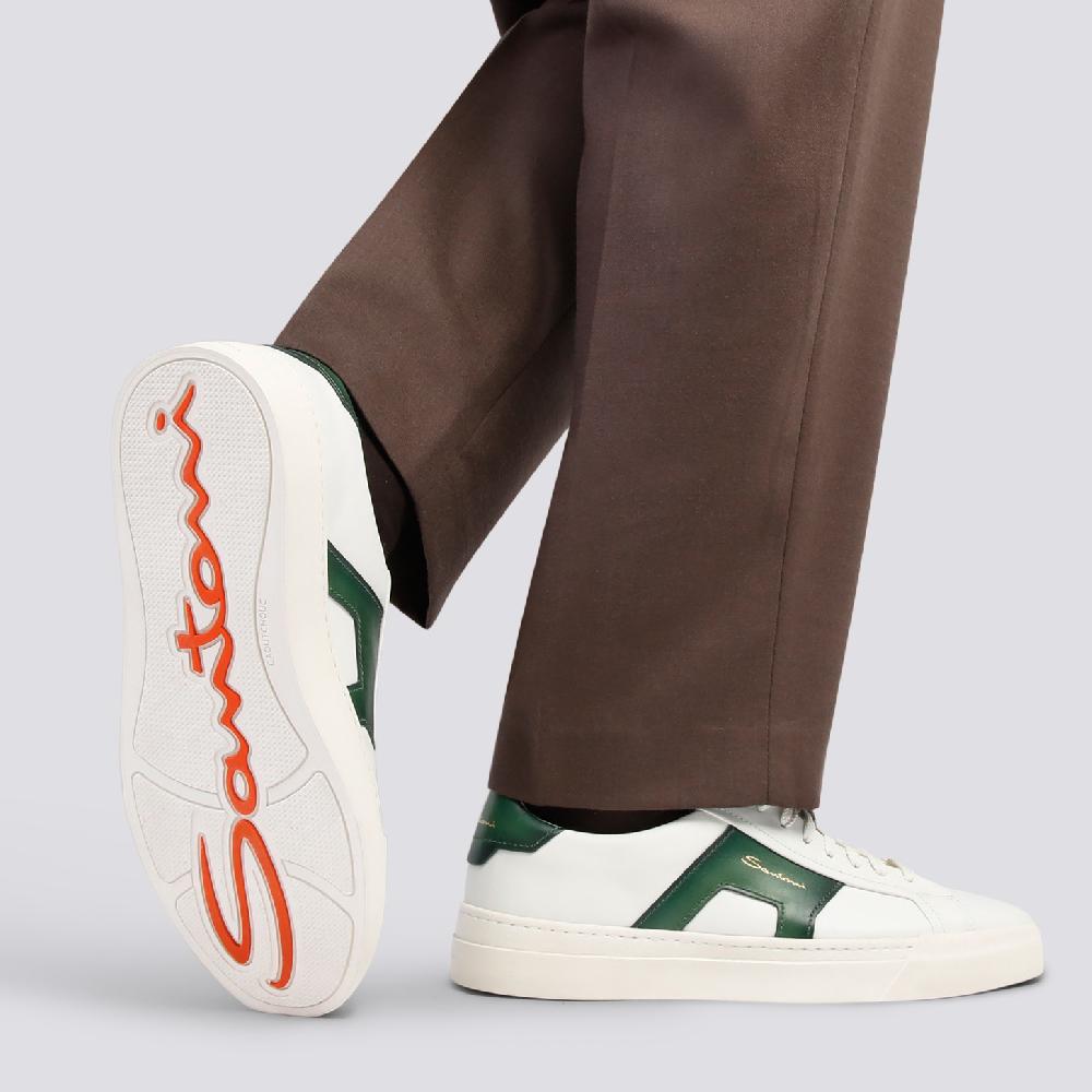 Santoni Double buckle sneaker da uomo in pelle bianca e verde Vendite Flash