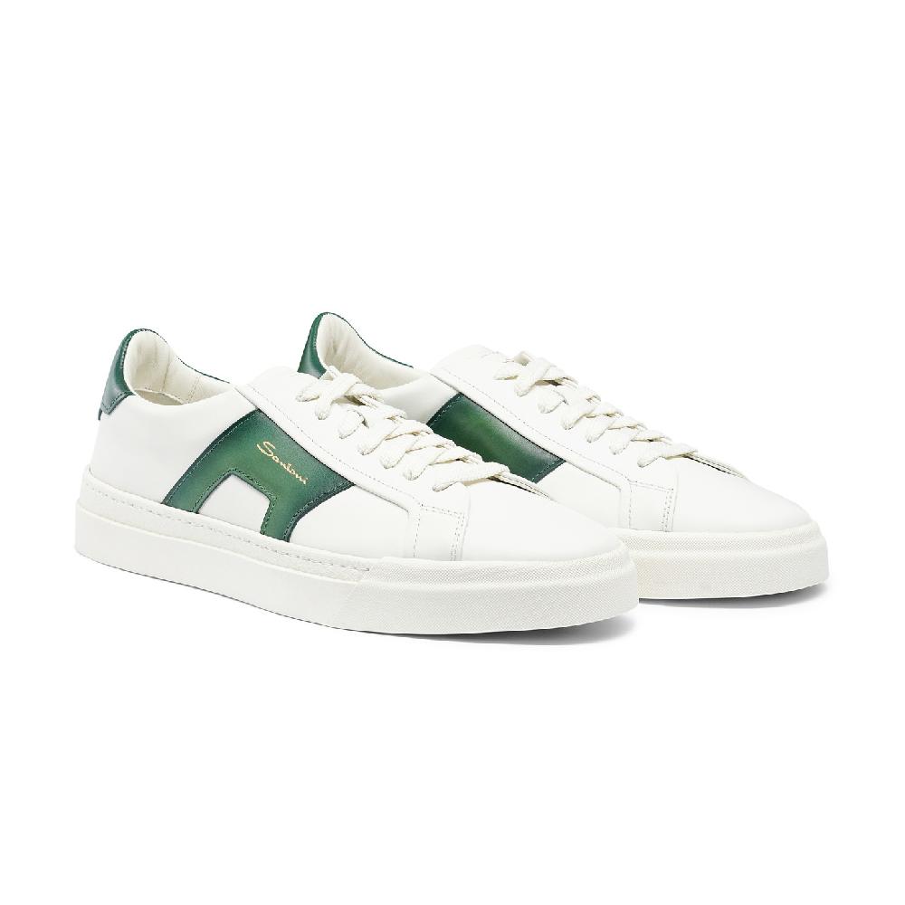 Santoni Double buckle sneaker da uomo in pelle bianca e verde Vendite Flash