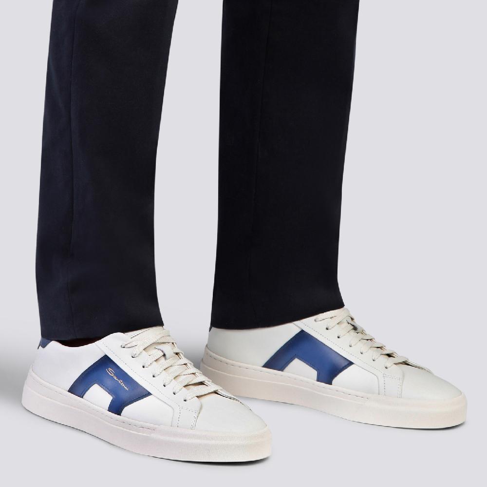Santoni Double buckle sneaker da uomo in pelle bianca e blu Negozio