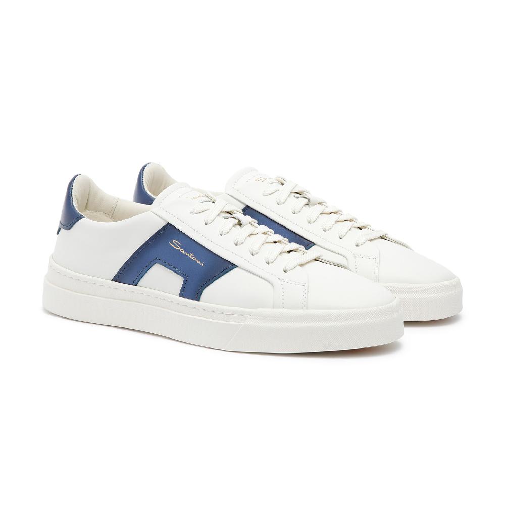 Santoni Double buckle sneaker da uomo in pelle bianca e blu Negozio