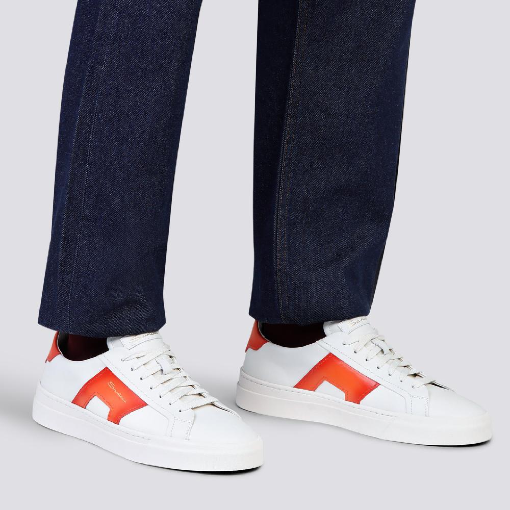 Santoni Double buckle sneaker da uomo in pelle bianca e arancione In Saldo