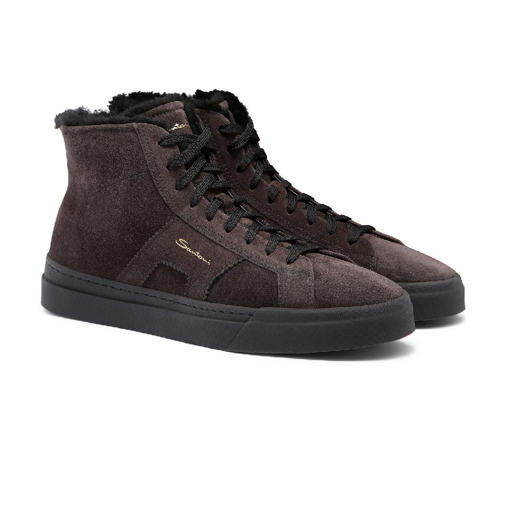 Santoni Double buckle sneaker alta con pelliccia da uomo in suede grigio Shopping Online