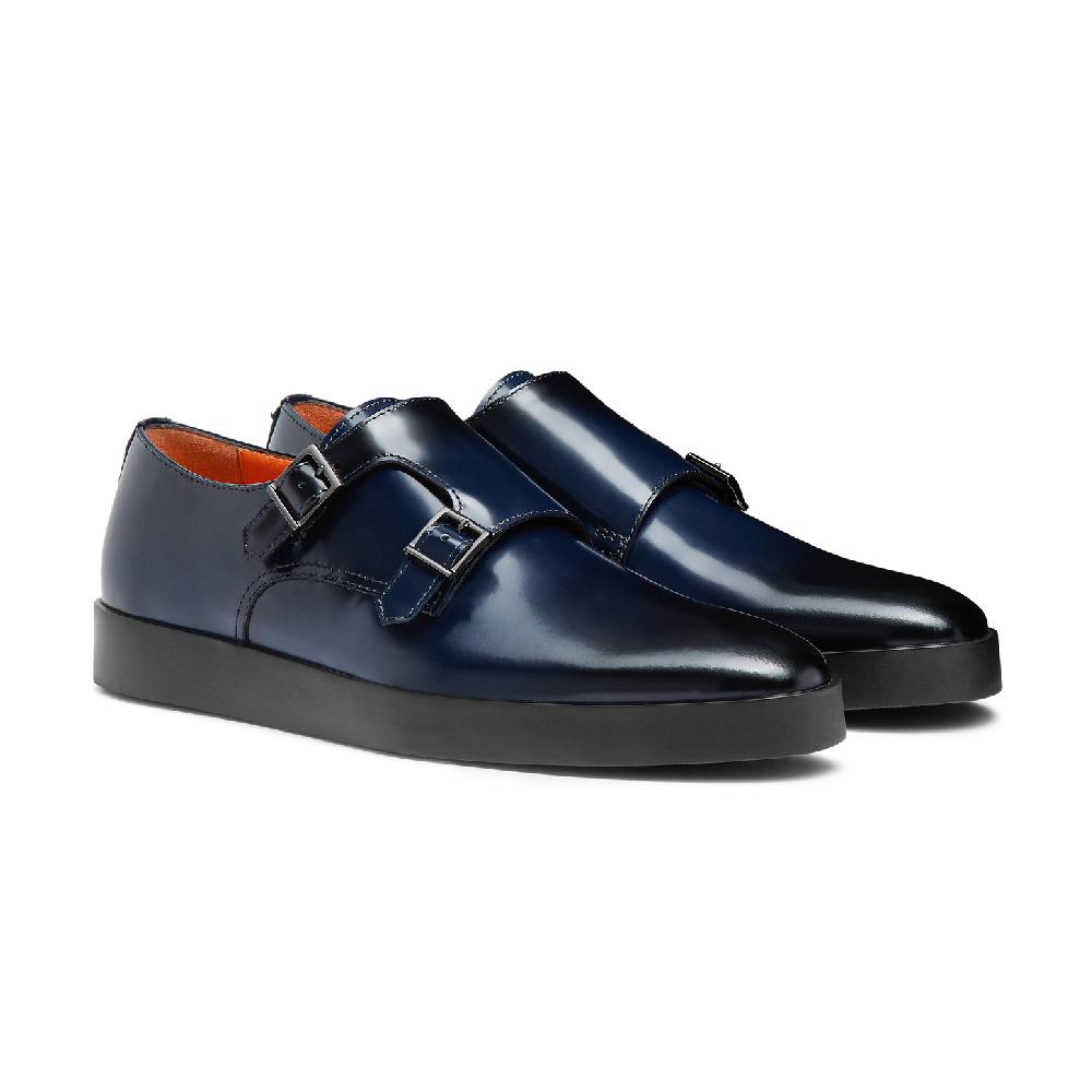 Santoni Doppia fibbia da uomo in pelle lucida blu Offerta