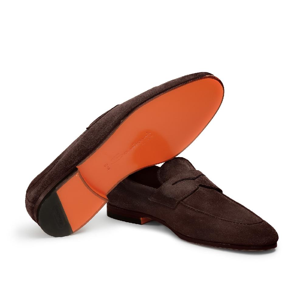 Santoni Mocassino penny da uomo in suede marrone In Saldo