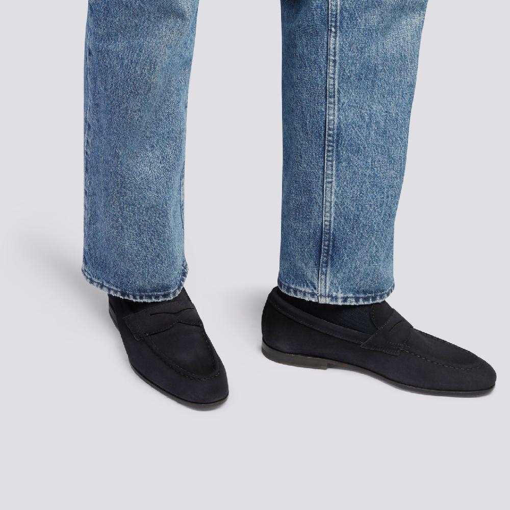 Santoni Mocassino penny da uomo in suede blu Moda