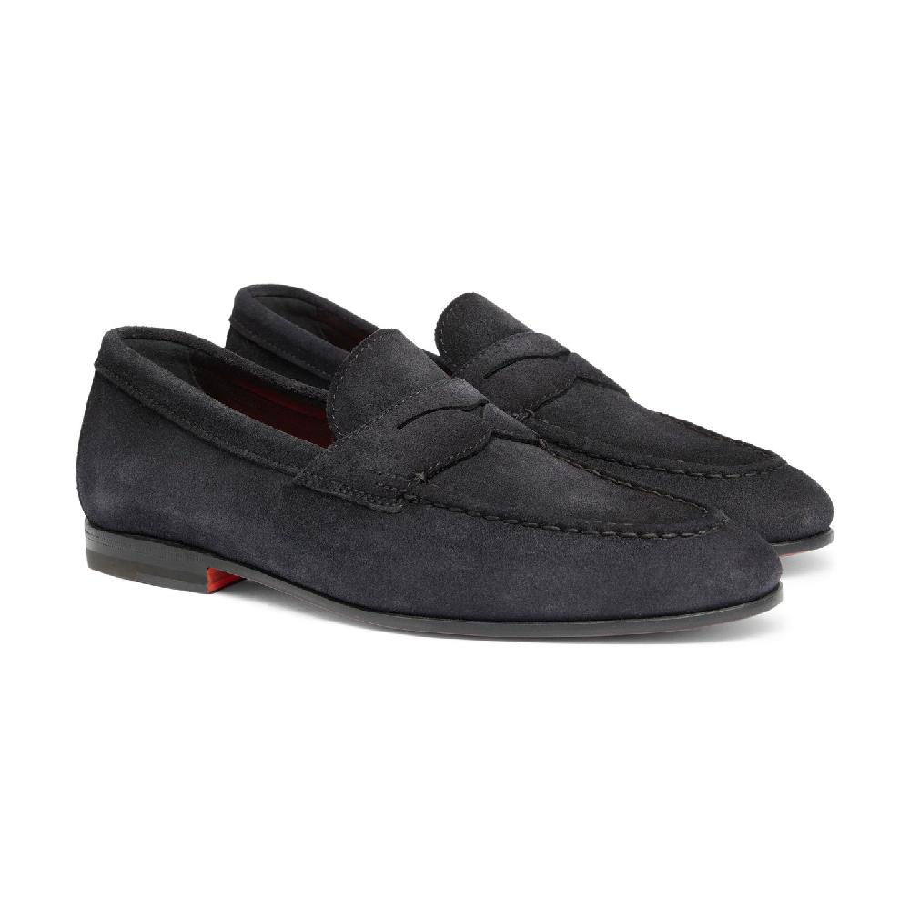 Santoni Mocassino penny da uomo in suede blu Moda