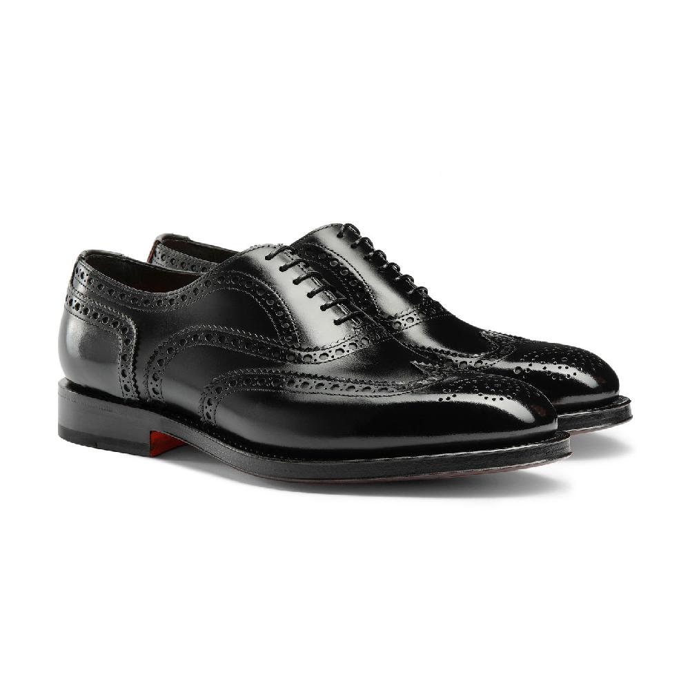 Santoni Stringata oxford brogue da uomo in pelle anticata nera Spedizione Gratuita