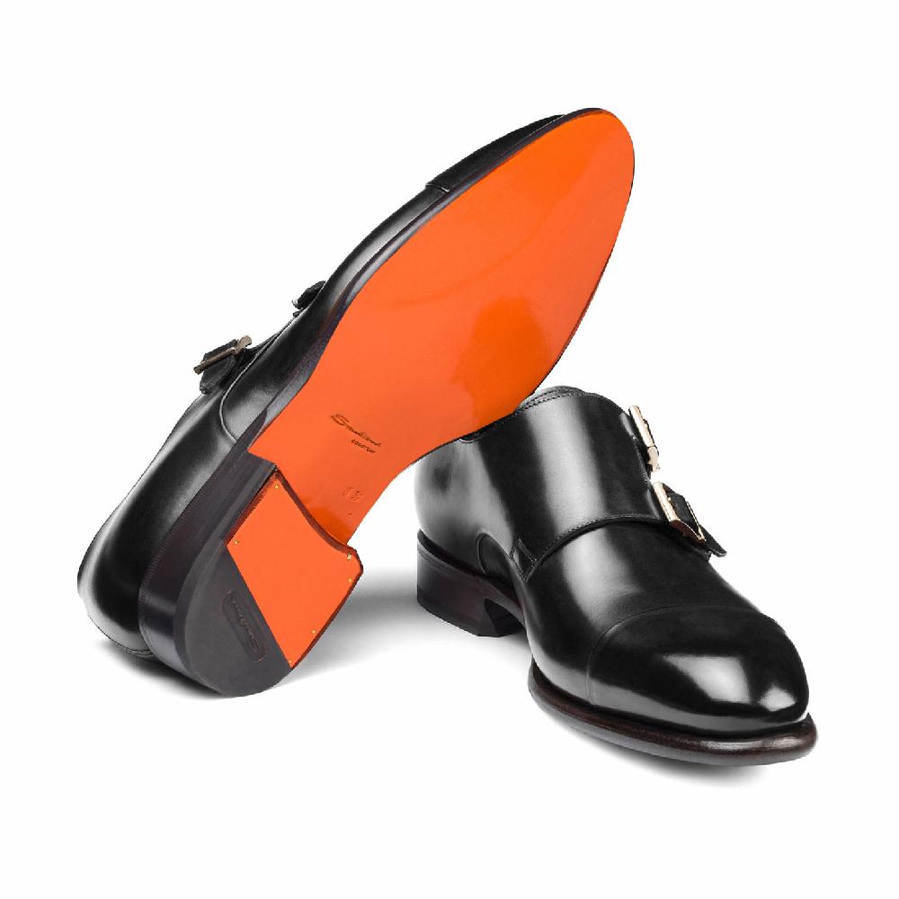 Santoni Doppia fibbia da uomo in pelle nera Negozi Online