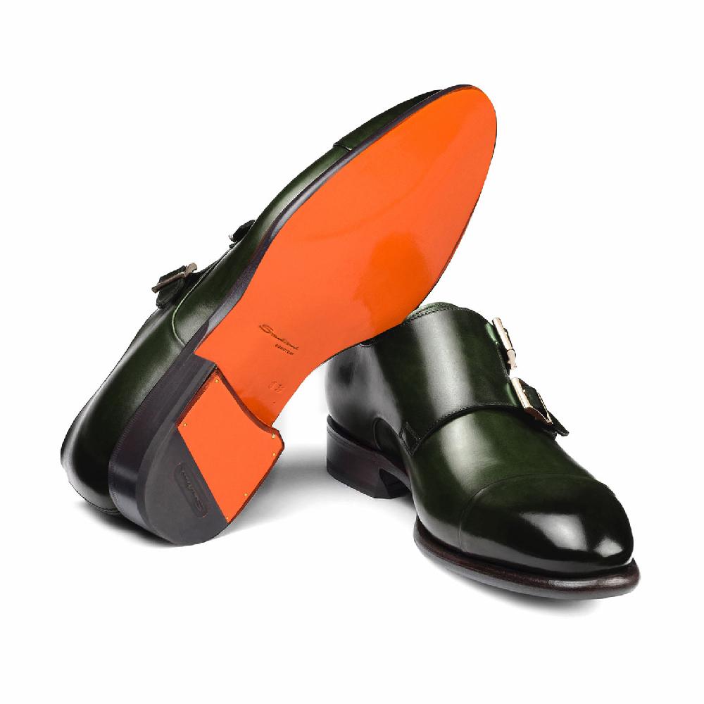 Santoni Doppia fibbia da uomo in pelle verde Acquista Ora