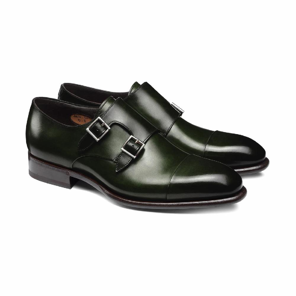 Santoni Doppia fibbia da uomo in pelle verde Acquista Ora
