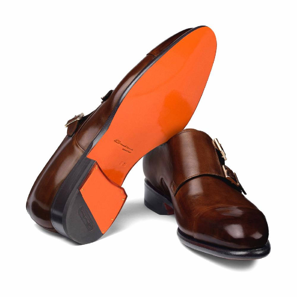 Santoni Doppia fibbia da uomo in pelle marrone medio Consegna Veloce