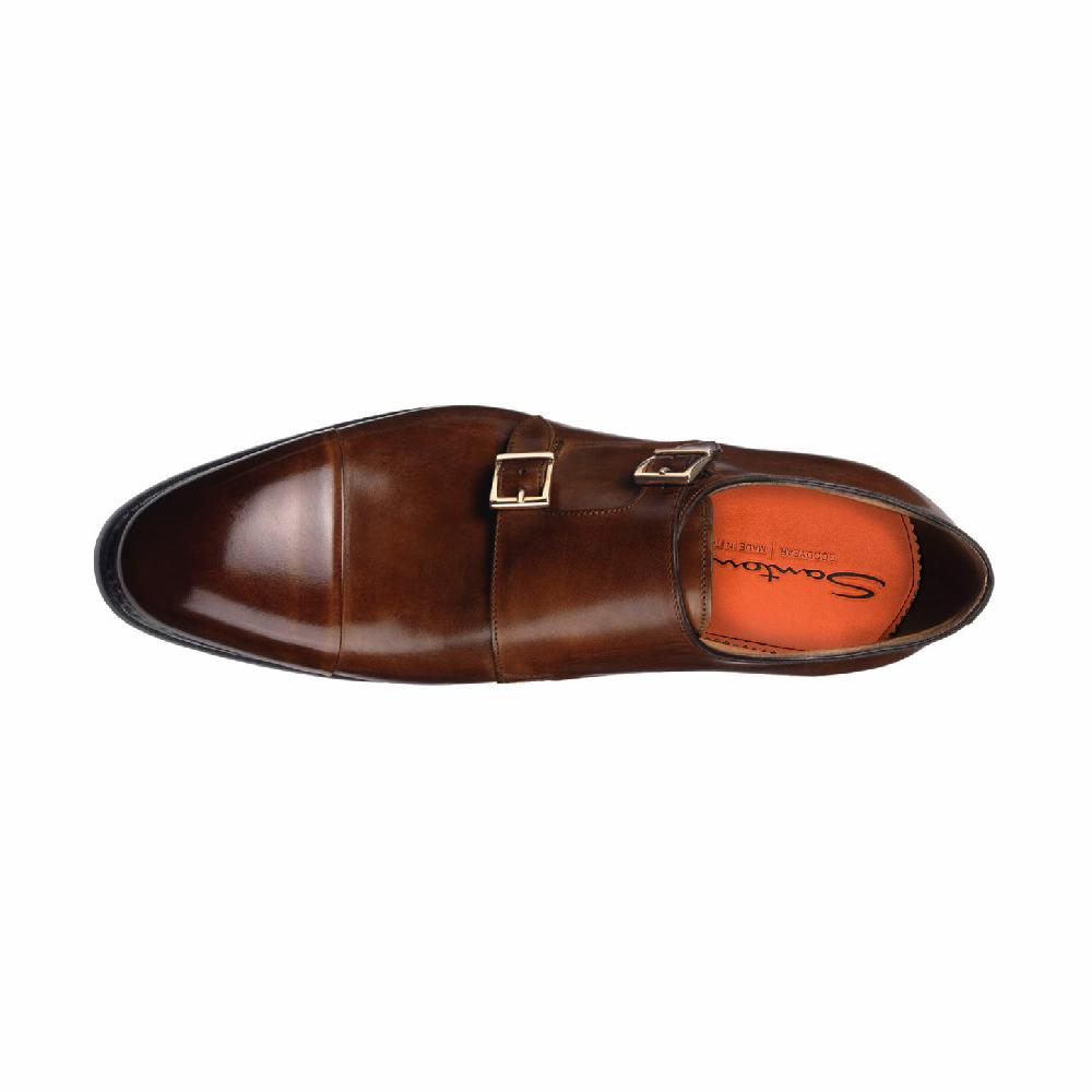 Santoni Doppia fibbia da uomo in pelle marrone medio Consegna Veloce