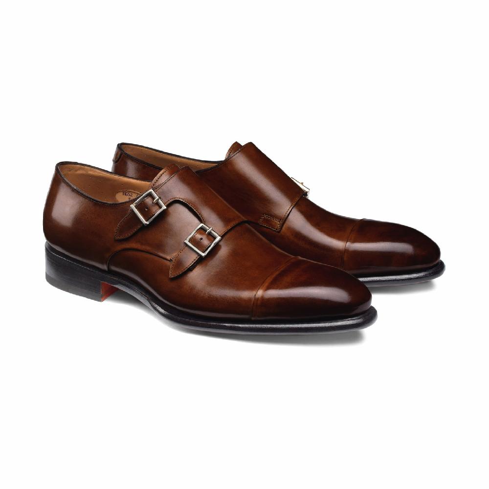 Santoni Doppia fibbia da uomo in pelle marrone medio Consegna Veloce