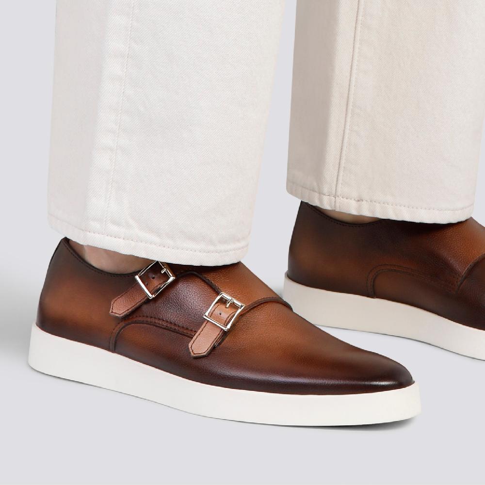 Santoni Doppia fibbia da uomo in pelle bottalata marrone Shopping Online