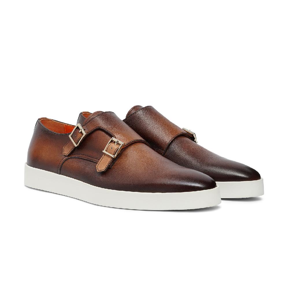 Santoni Doppia fibbia da uomo in pelle bottalata marrone Shopping Online