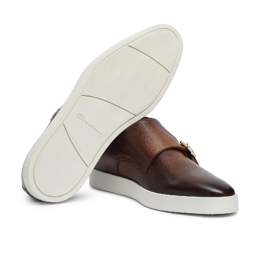 Santoni Doppia fibbia da uomo in pelle bottalata marrone Shopping Online