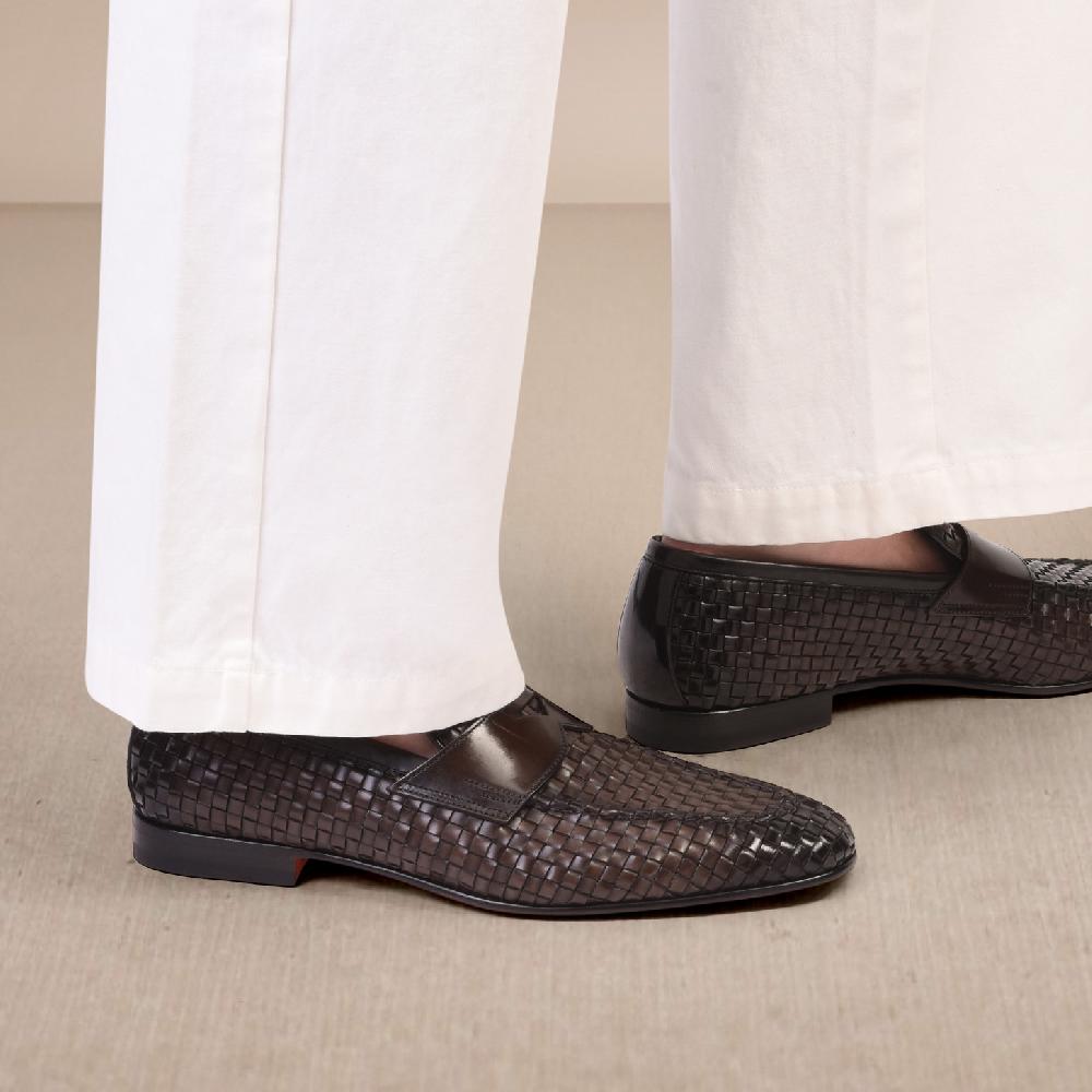 Santoni Mocassino penny con tomaia intrecciata da uomo in pelle marrone Novità