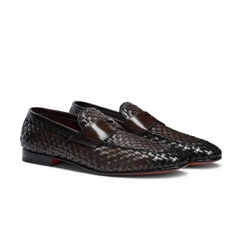Santoni Mocassino penny con tomaia intrecciata da uomo in pelle marrone Novità