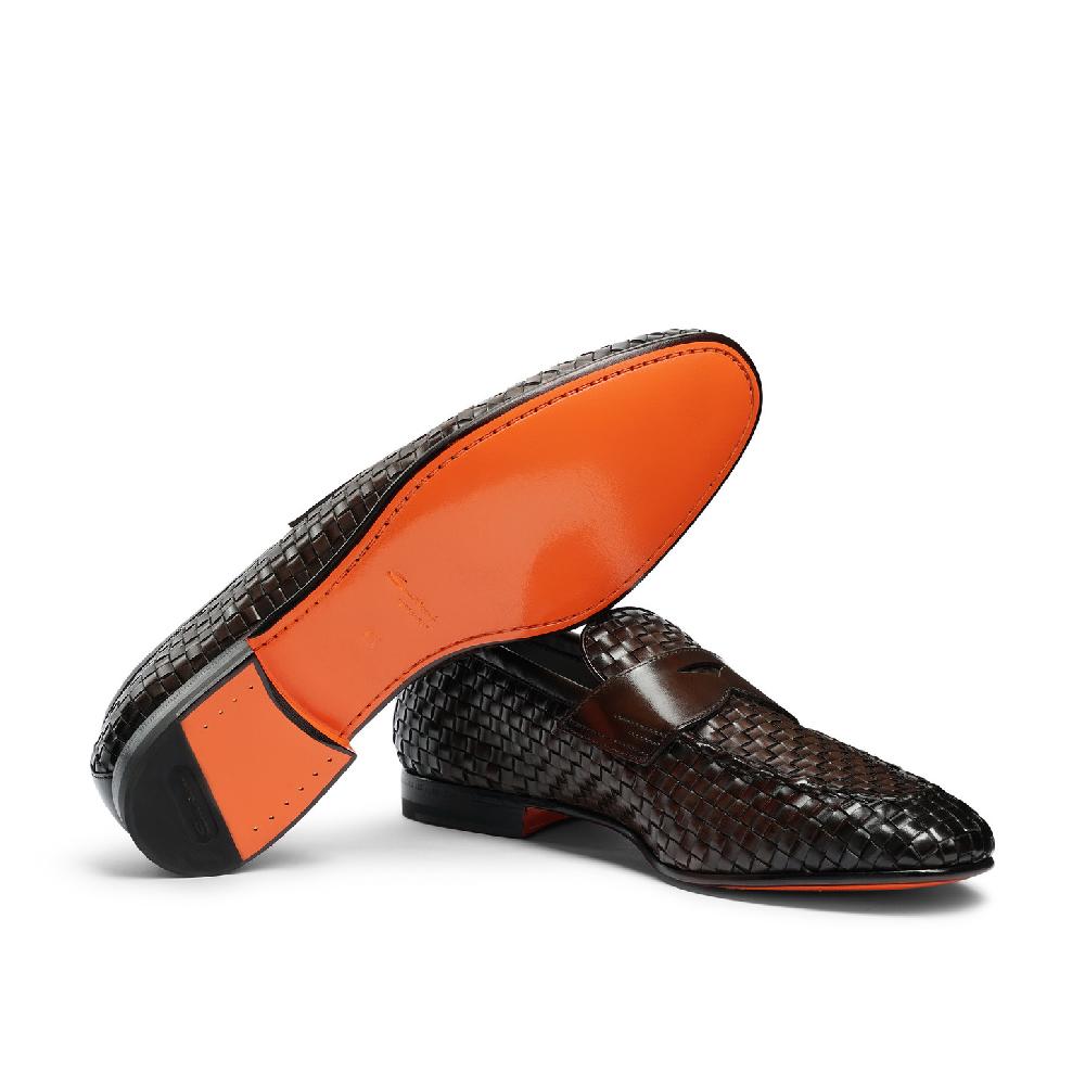 Santoni Mocassino penny con tomaia intrecciata da uomo in pelle marrone Novità