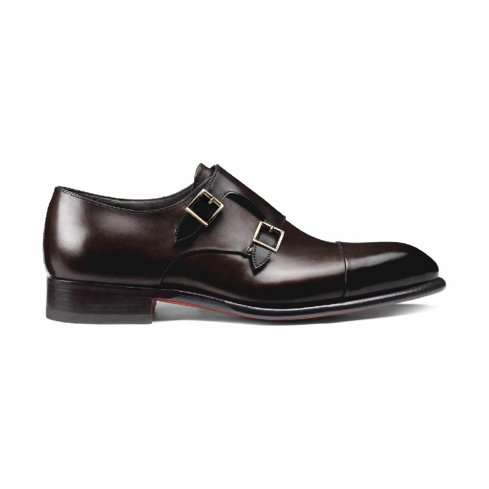 Santoni Doppia fibbia da uomo in pelle marrone testa di moro