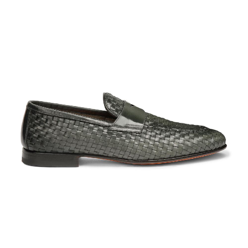 Santoni Mocassino da uomo in pelle intrecciata verde