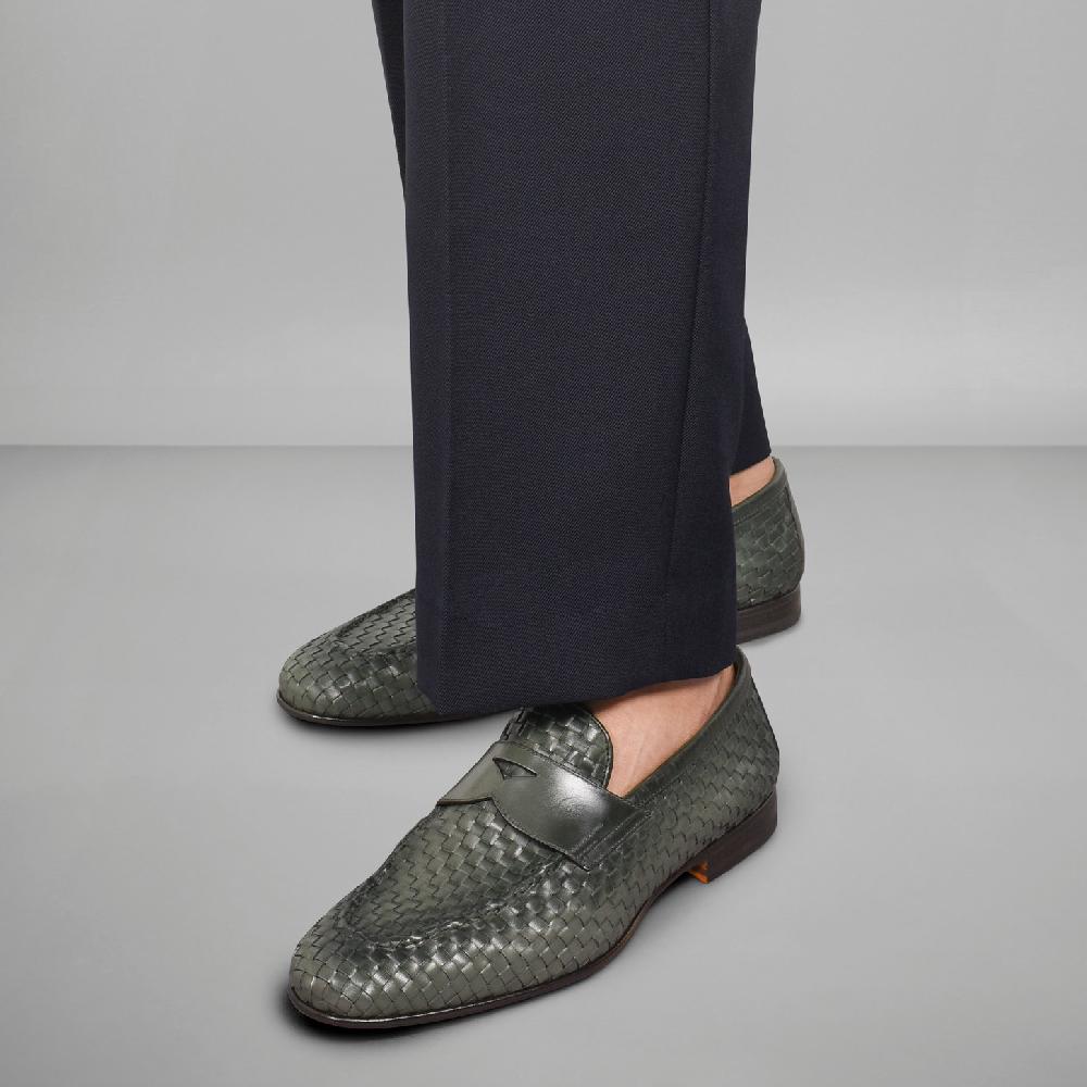 Santoni Mocassino da uomo in pelle intrecciata verde Outlet