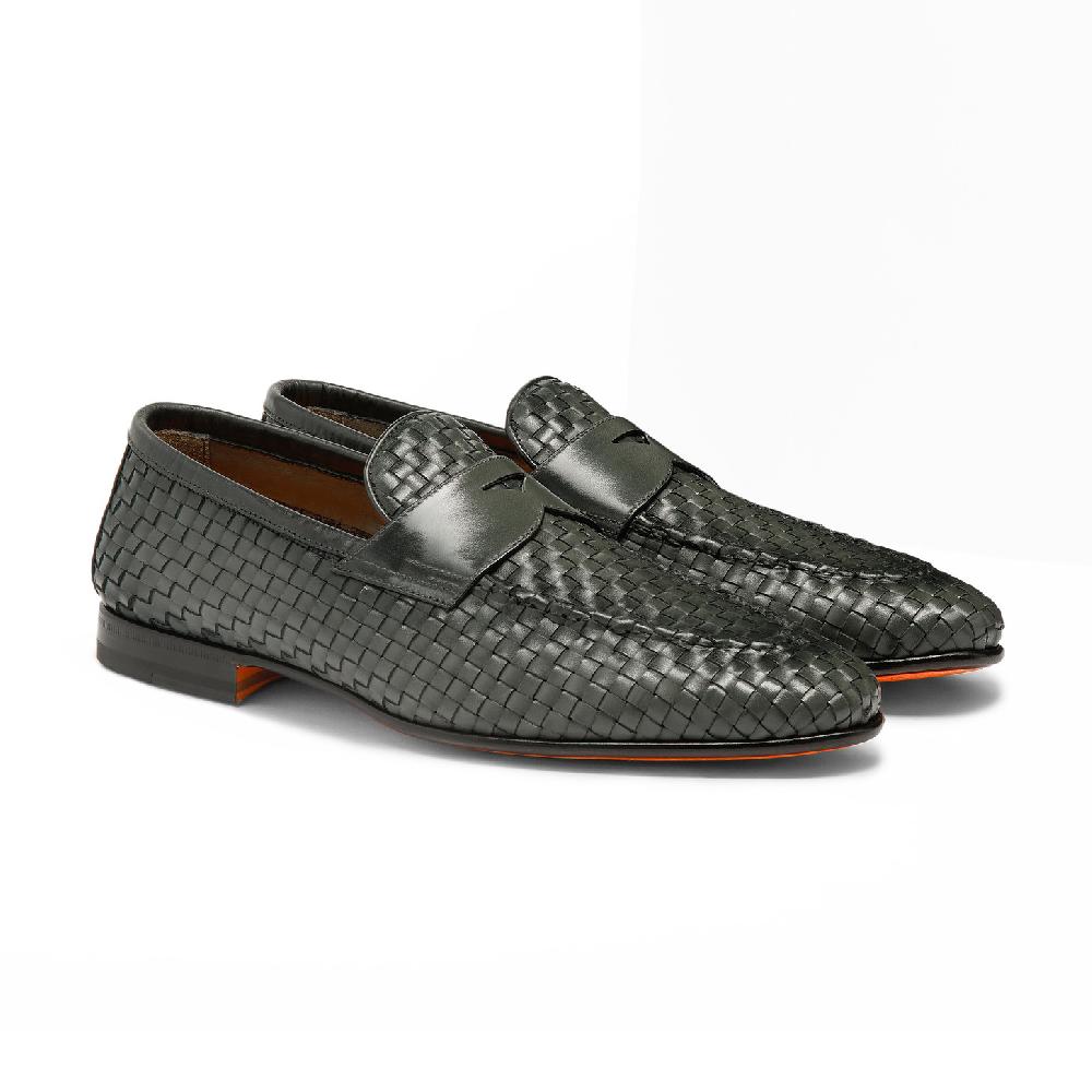Santoni Mocassino da uomo in pelle intrecciata verde Outlet