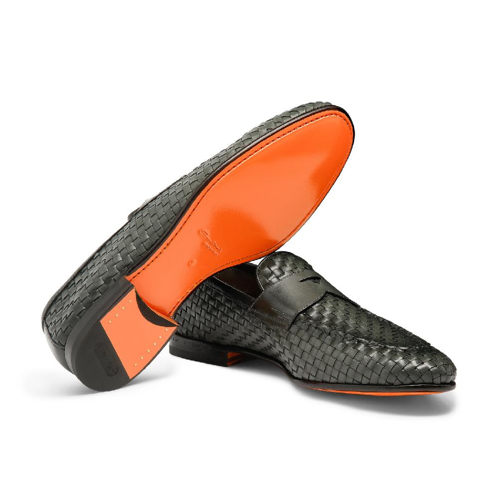 Santoni Mocassino da uomo in pelle intrecciata verde Outlet