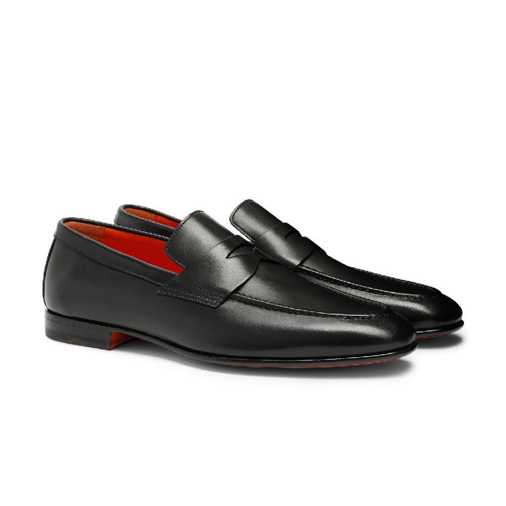 Santoni Mocassino penny da uomo in pelle anticata nera Vendita Economica