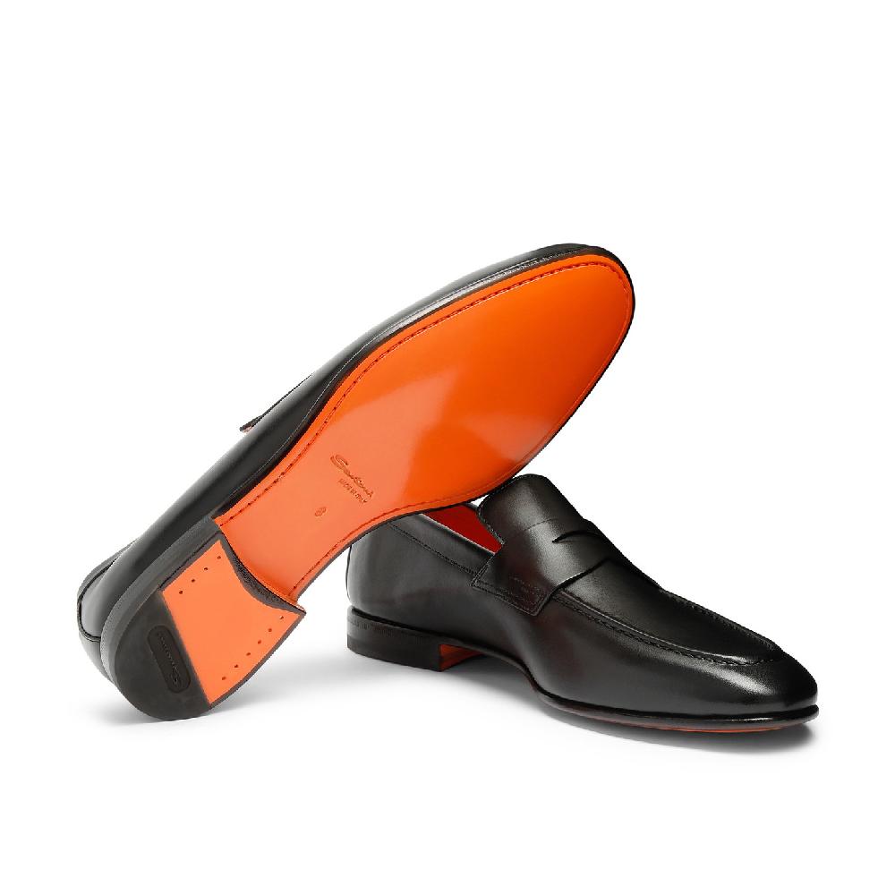 Santoni Mocassino penny da uomo in pelle anticata nera Vendita Economica