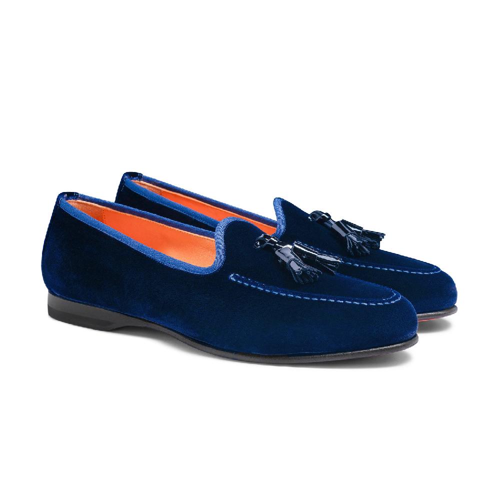 Santoni Mocassino Andrea con nappe da uomo in velluto blu Nuova