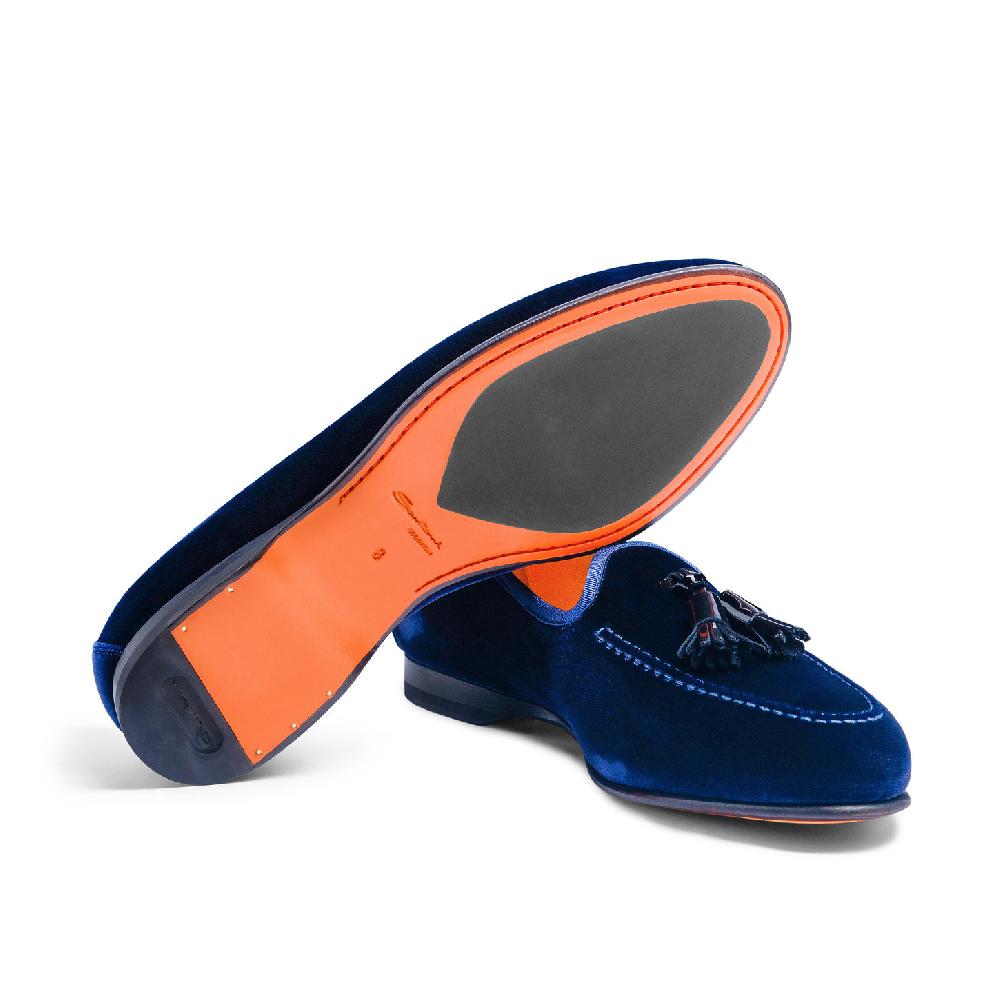 Santoni Mocassino Andrea con nappe da uomo in velluto blu Nuova