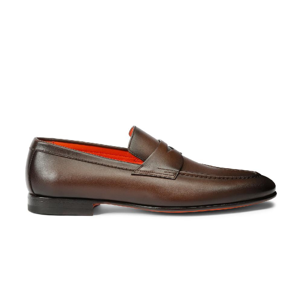 Santoni Mocassino penny da uomo in pelle anticata marrone