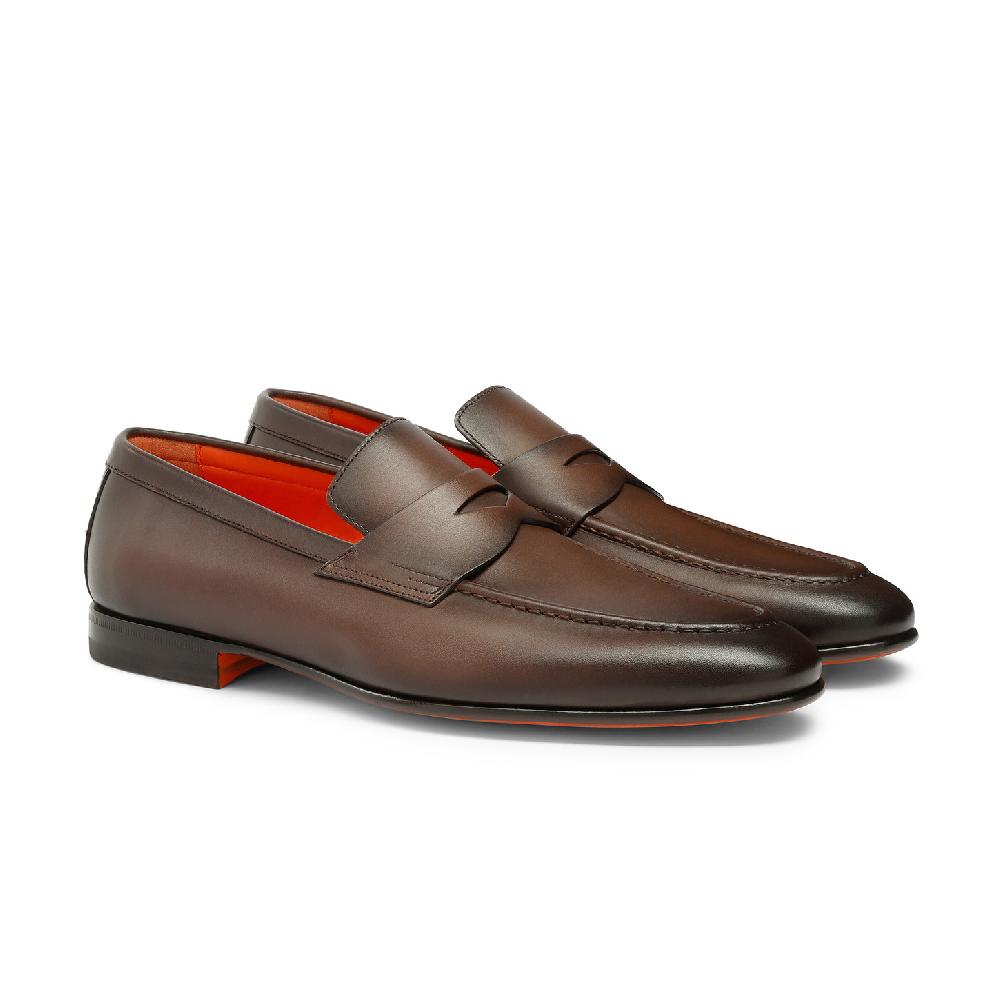 Santoni Mocassino penny da uomo in pelle anticata marrone Moda