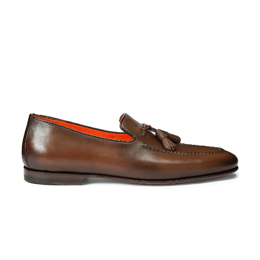 Santoni Mocassino con nappe da uomo in pelle anticata marrone