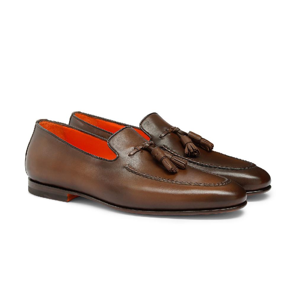 Santoni Mocassino con nappe da uomo in pelle anticata marrone Solo un giorno rimasto