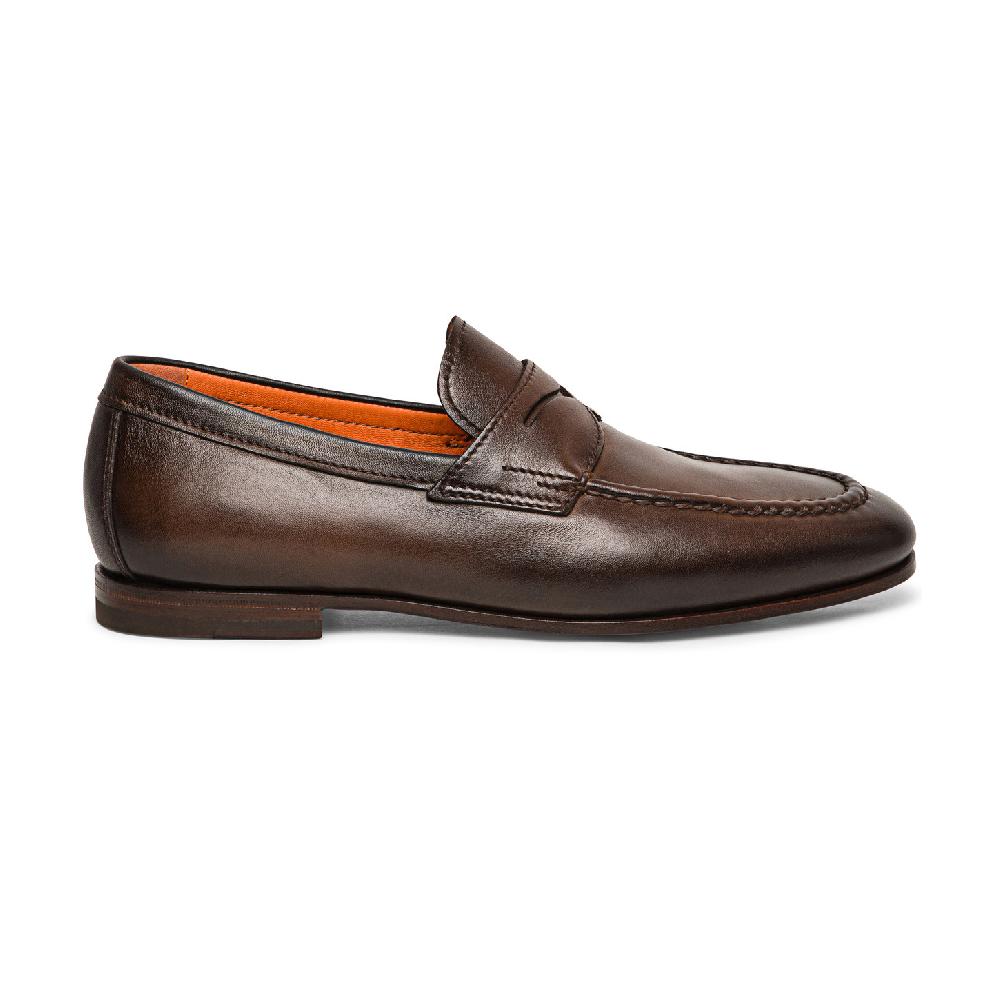 Santoni Mocassino penny da uomo in pelle anticata marrone