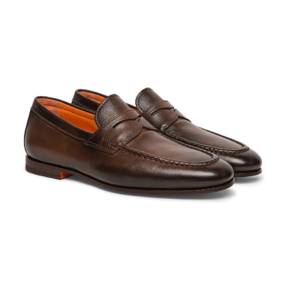 Santoni Mocassino penny da uomo in pelle anticata marrone Italia