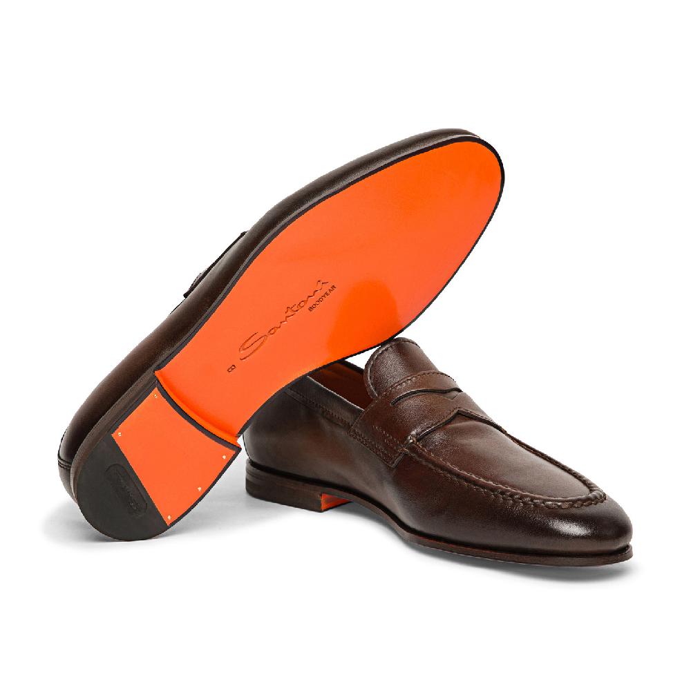 Santoni Mocassino penny da uomo in pelle anticata marrone Italia
