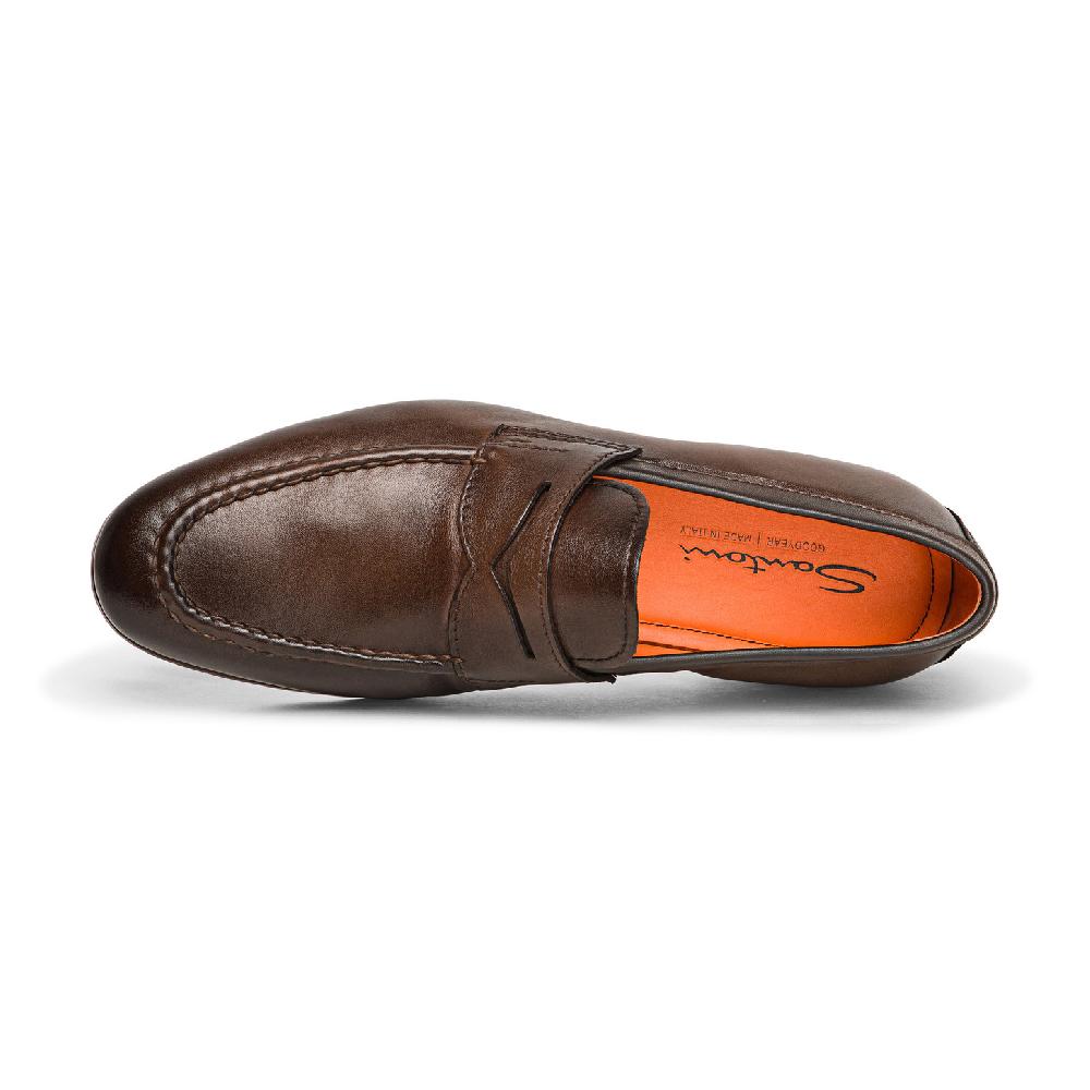 Santoni Mocassino penny da uomo in pelle anticata marrone Italia