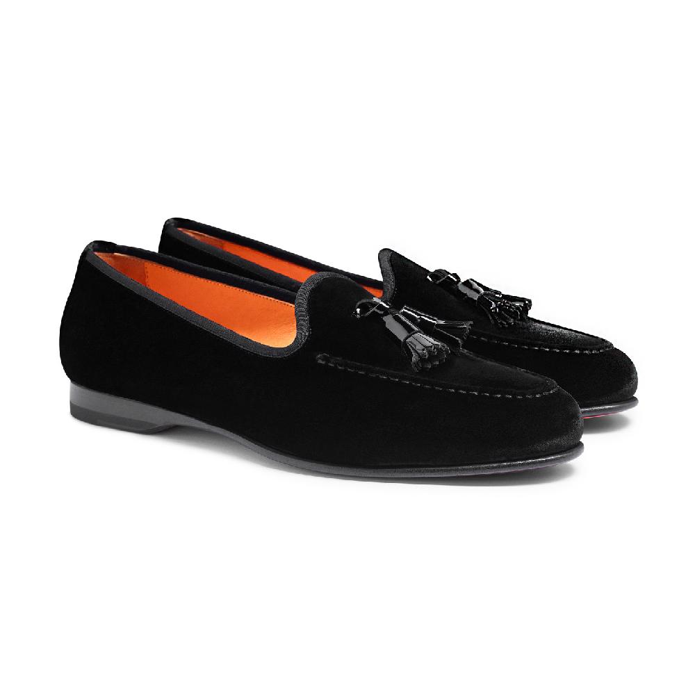 Santoni Mocassino Andrea con nappe da uomo in velluto nero Nuovo