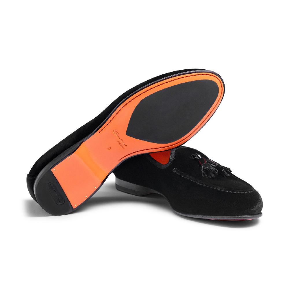 Santoni Mocassino Andrea con nappe da uomo in velluto nero Nuovo