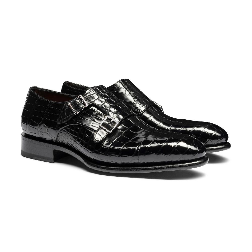 Santoni Doppia fibbia da uomo in alligatore nero Acquista Ora