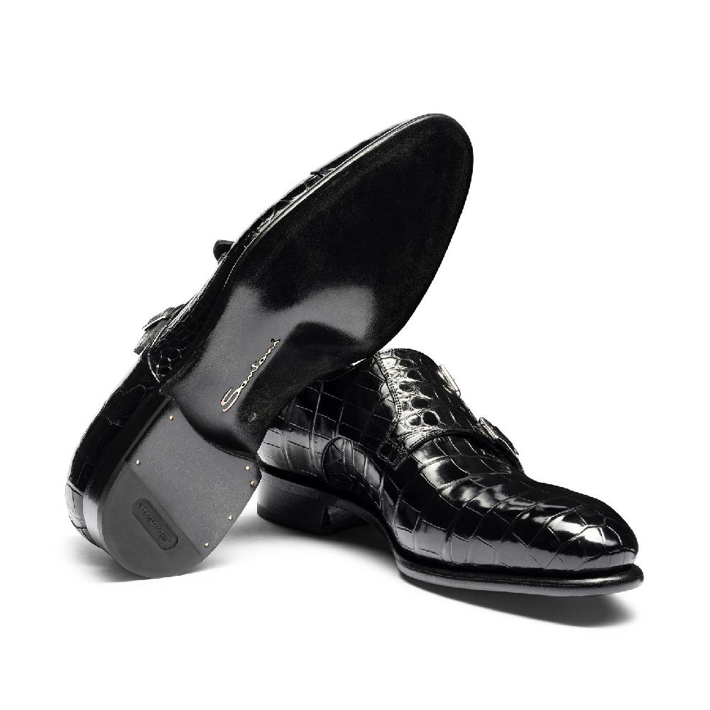 Santoni Doppia fibbia da uomo in alligatore nero Acquista Ora